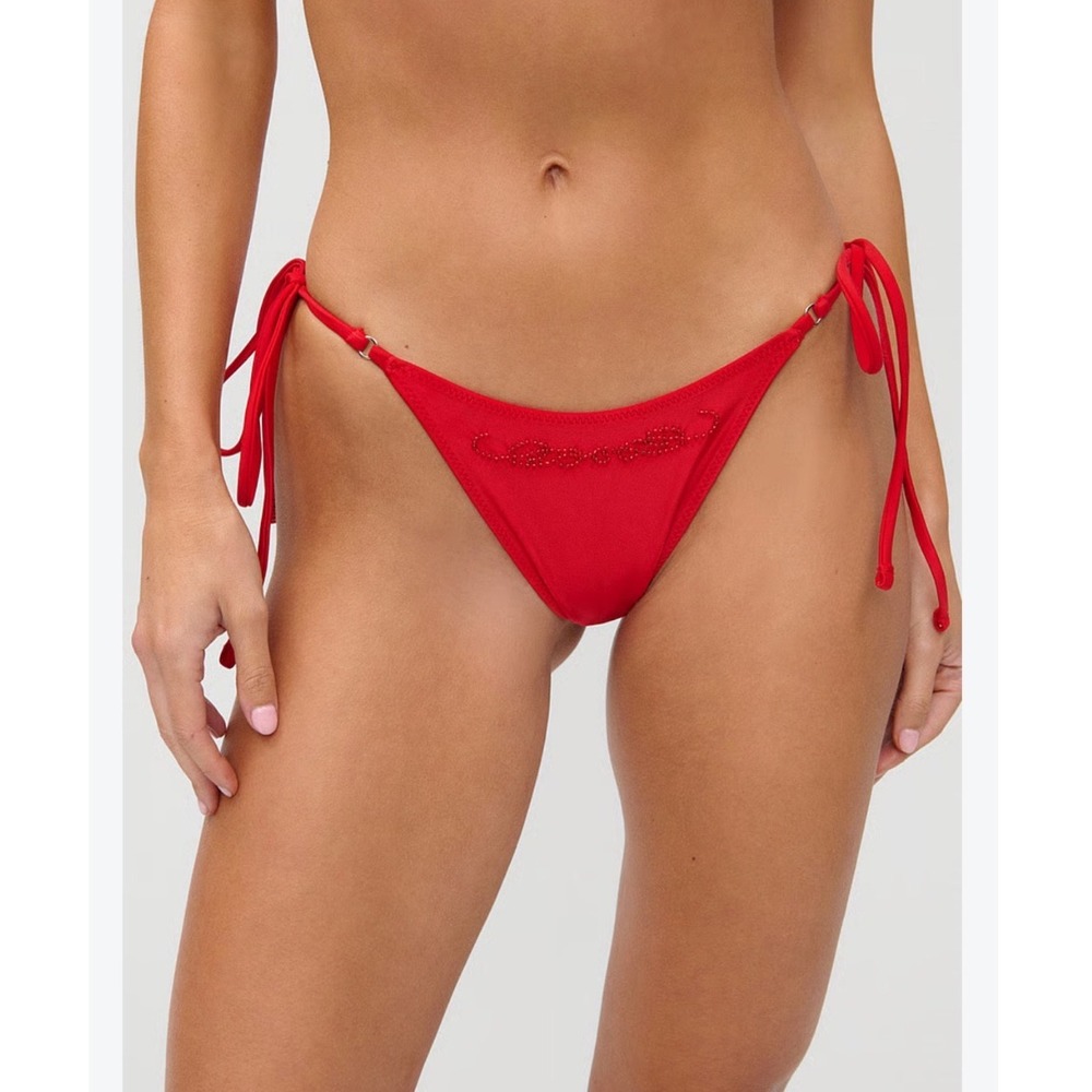 Frankies Bikinis x JENNIE Mackenzie Beaded Satin Bikini Bottom Red Medium